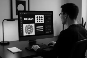 Designer working with AI design tools on computer