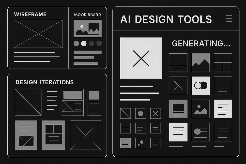 Futuristic black and white interface displaying AI design