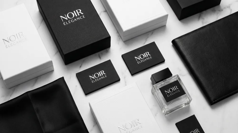 Luxury black and white brand identity with elegant packaging and business cards on marble