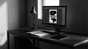 Monochrome design workspace in 2026 with bold black and white poster on screen