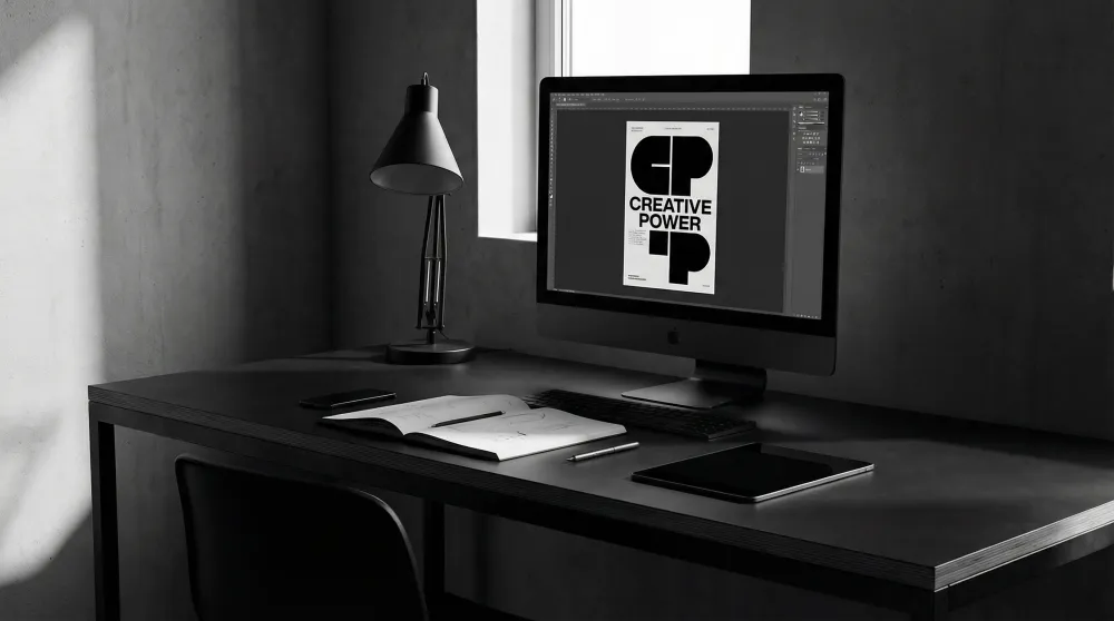 Monochrome design workspace in 2026 with bold black and white poster on screen