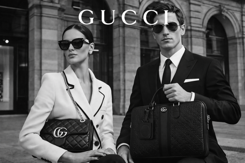 Gucci monochrome advertisement showing elegance and exclusivity