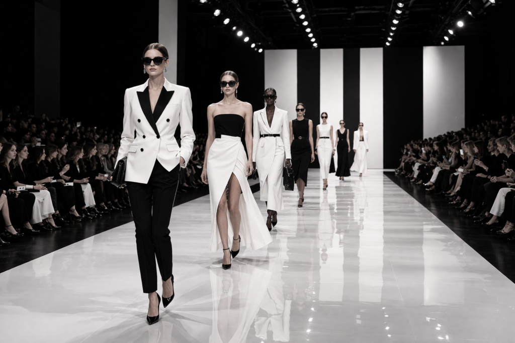 Monochrome fashion runway showcasing timeless black and white style
