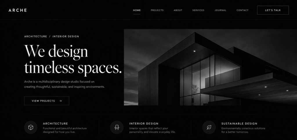 Elegant monochrome website layout using dark mode design principles