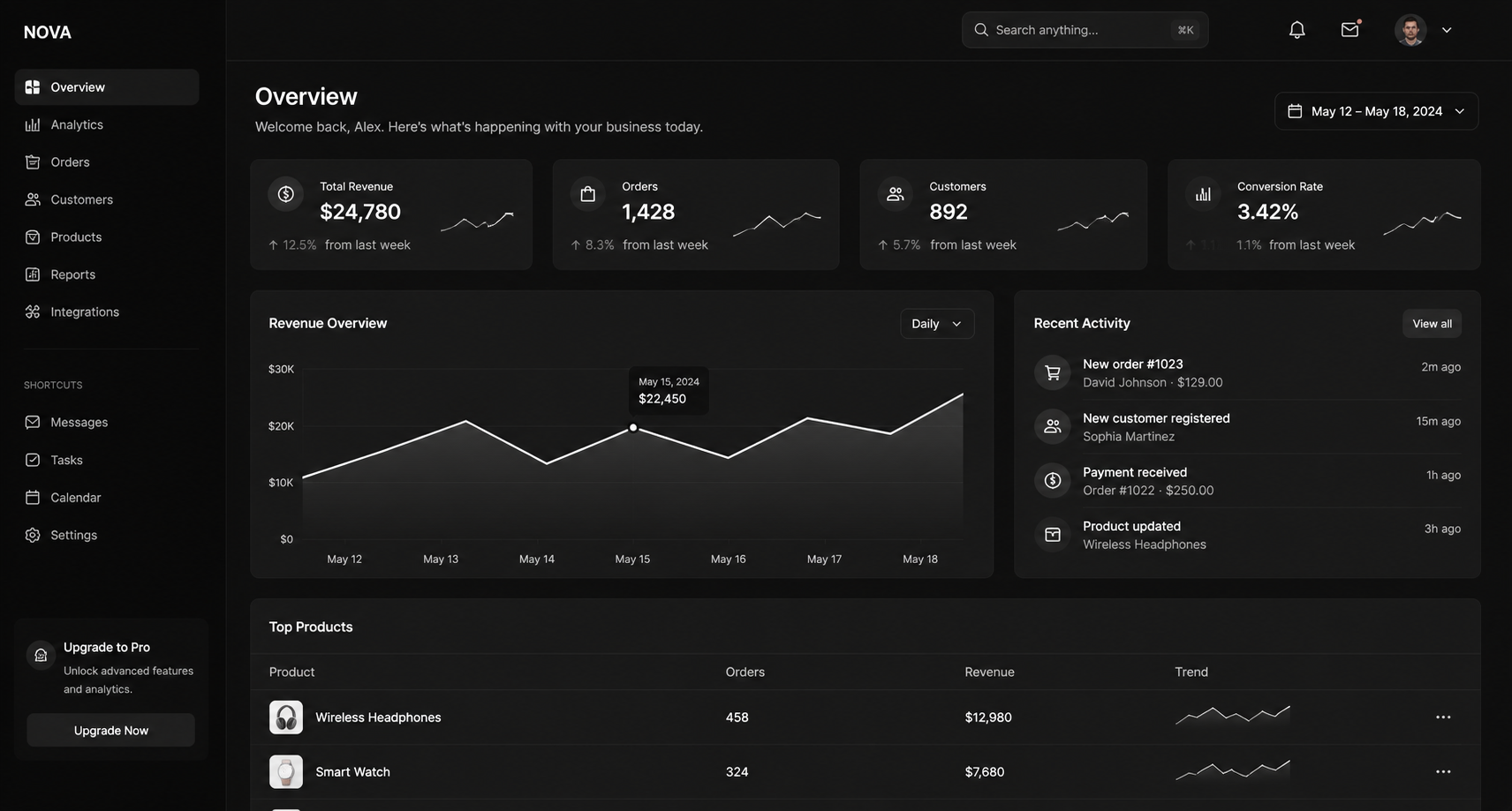 Minimalist dark mode user interface with clean monochrome layout