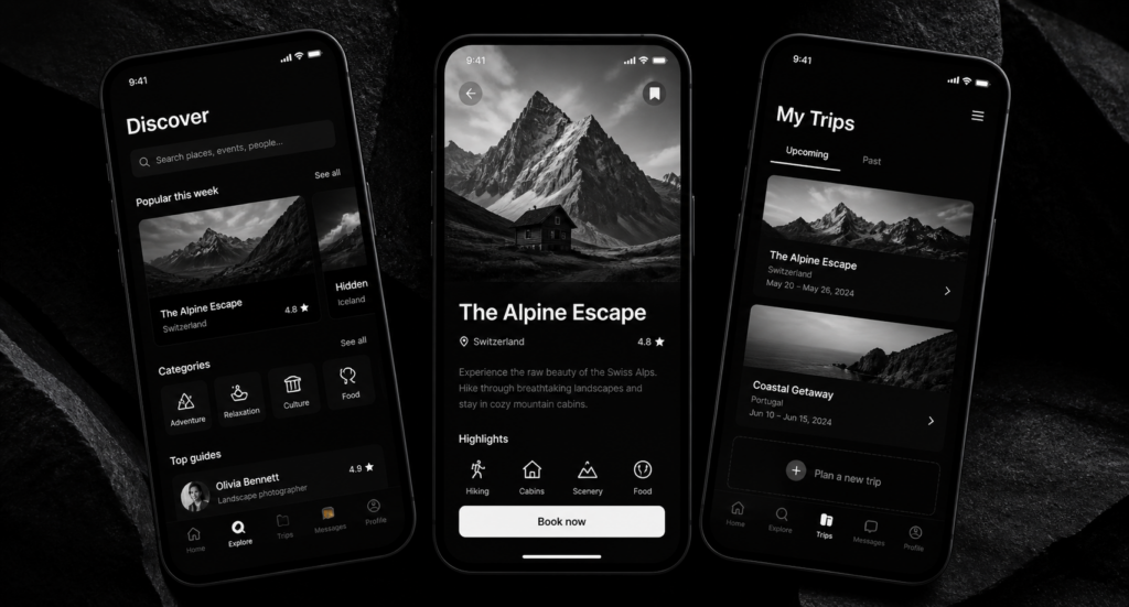 Mobile app in black and white dark mode design with high contrast typography