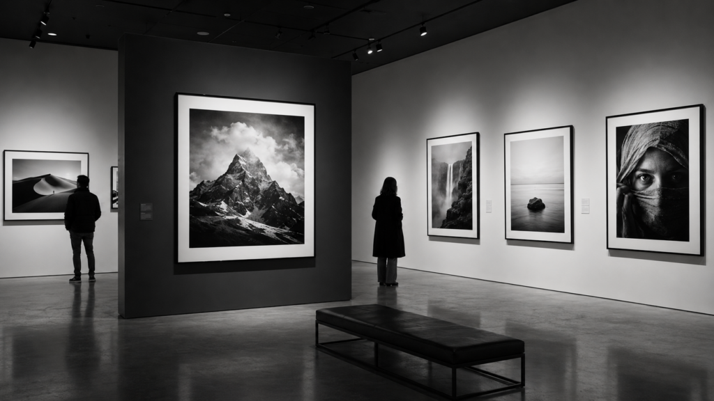Black and white photography exhibition in a modern gallery