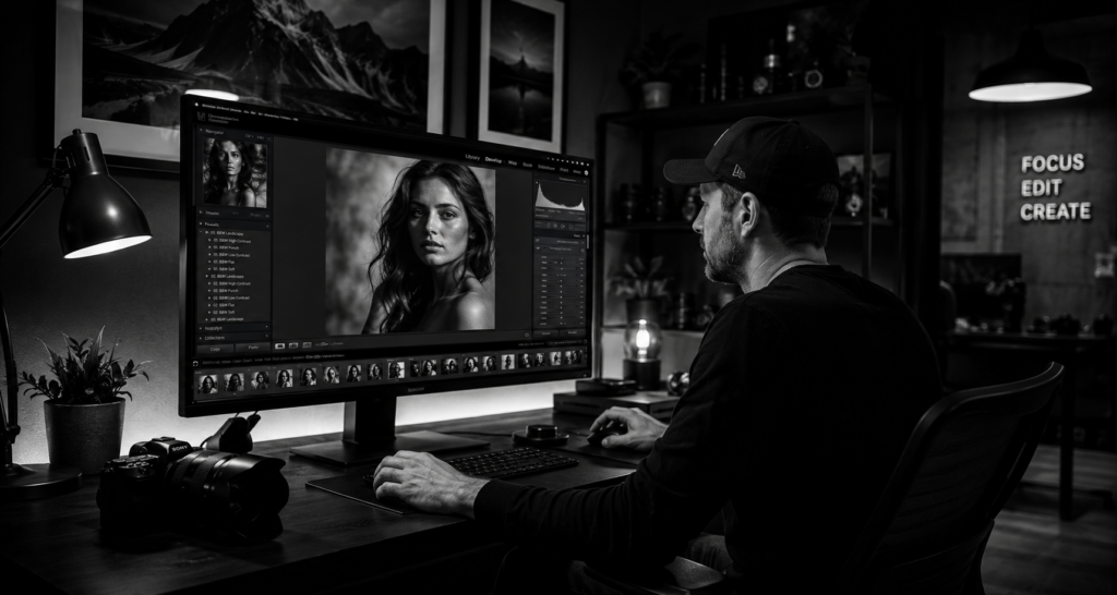 Photographer editing black and white images in a studio