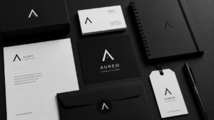 Black and white branding identity system with minimalist logo design