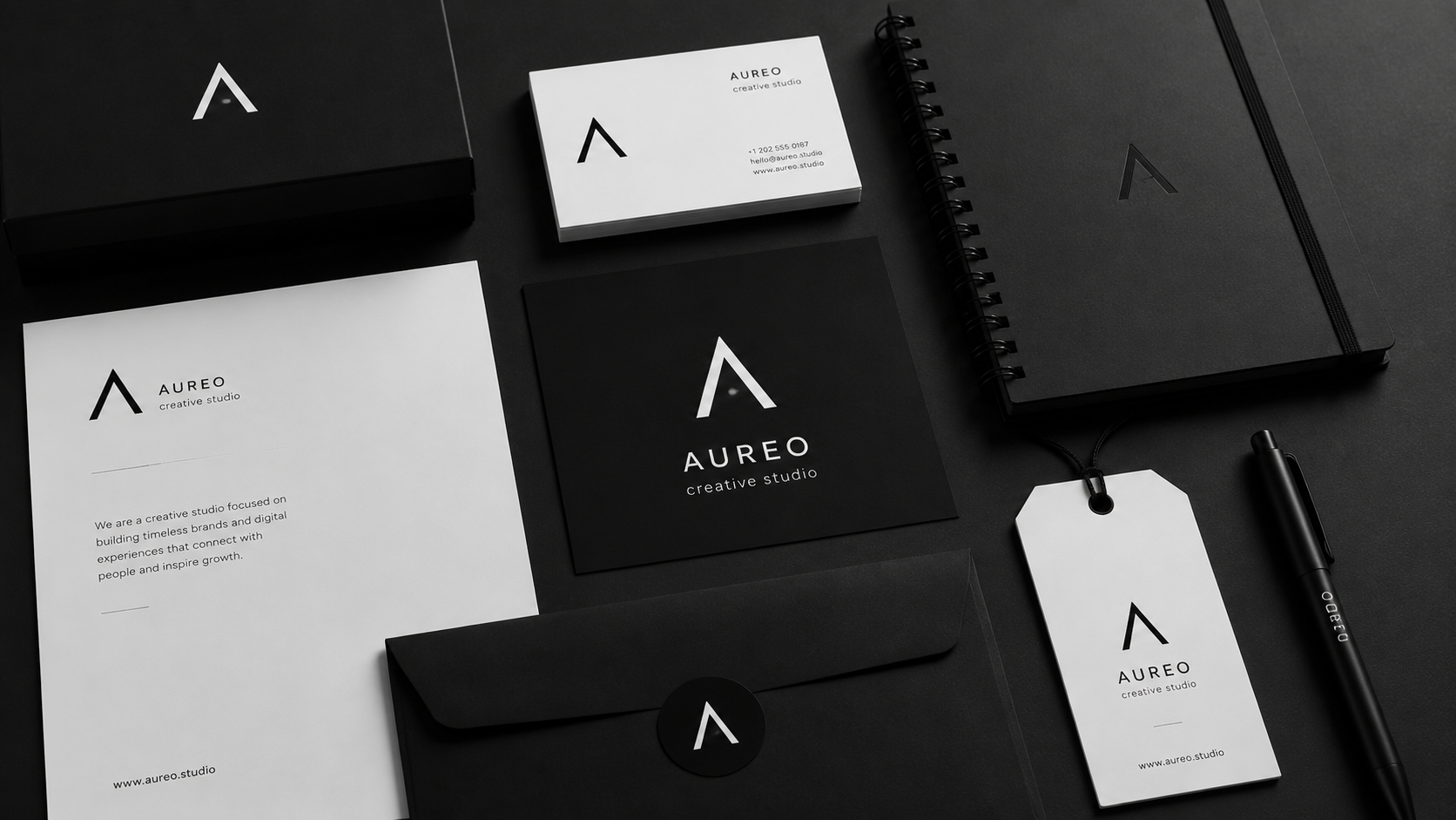 Black and white branding identity system with minimalist logo design