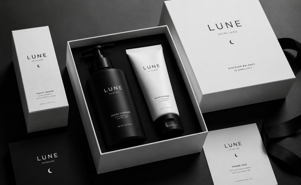 Luxury brand packaging in black and white minimal design aesthetic