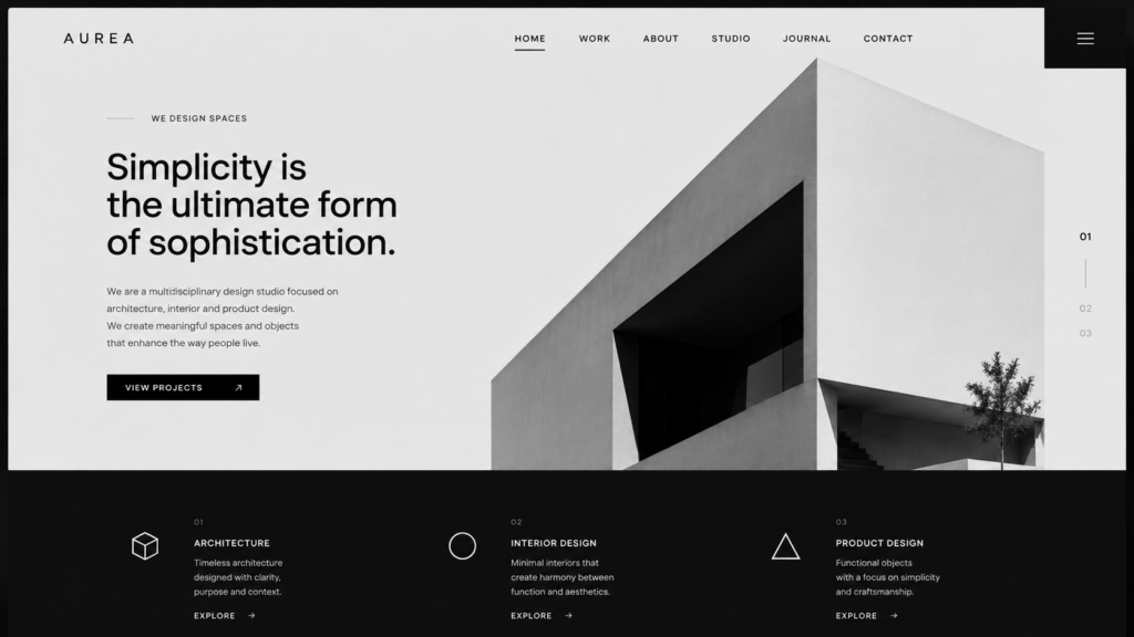 Modern monochrome website UI with neo minimalist layout and typography