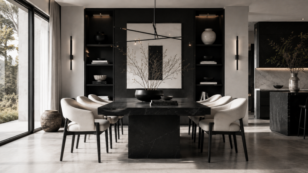 Modern monochrome dining room with quiet luxury design elements