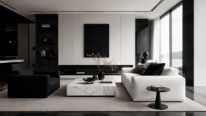 Quiet luxury monochrome living room with minimalist black and white interior design