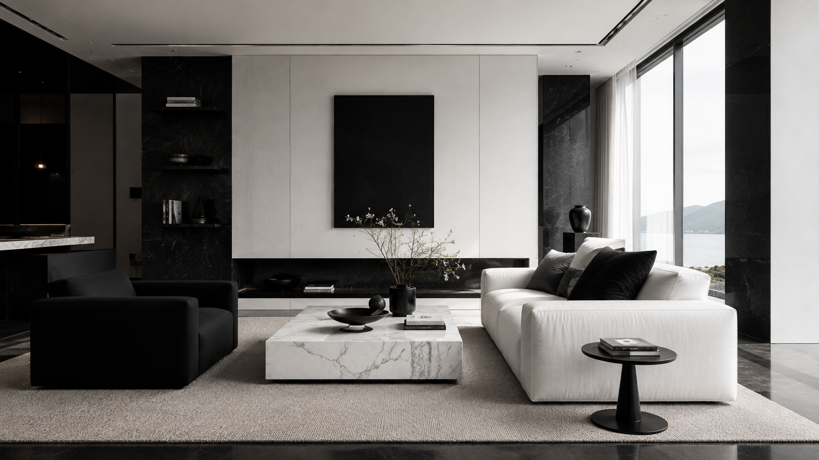 Quiet luxury monochrome living room with minimalist black and white interior design