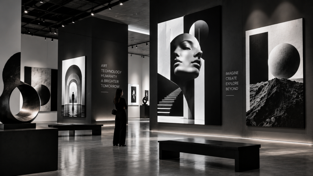 Abstract monochrome AI artwork displayed in a modern digital gallery
