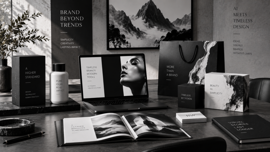 Luxury brand presentation featuring monochrome AI generated visuals