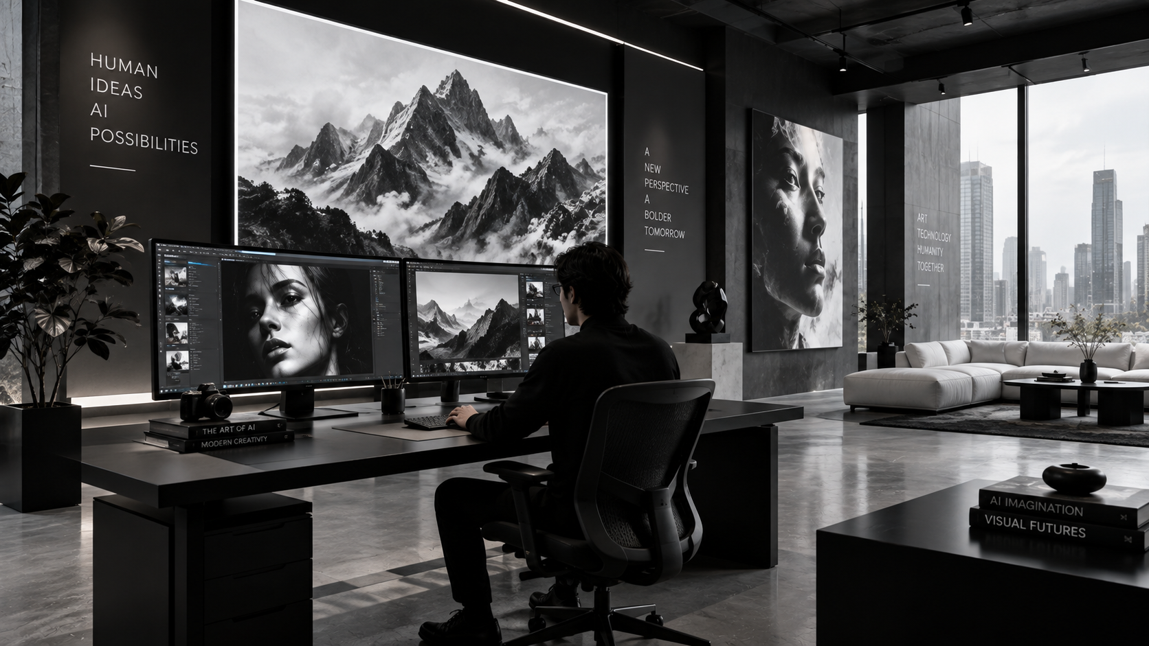 Modern AI art studio showcasing monochrome digital artwork on screens