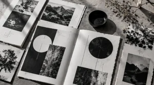 Black and white editorial prints featuring textured paper and geometric designs
