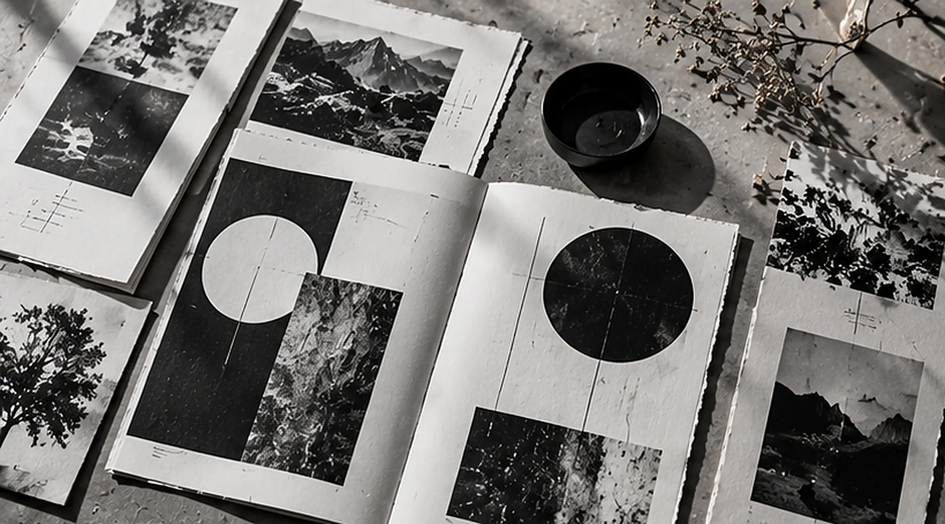 Black and white editorial prints featuring textured paper and geometric designs