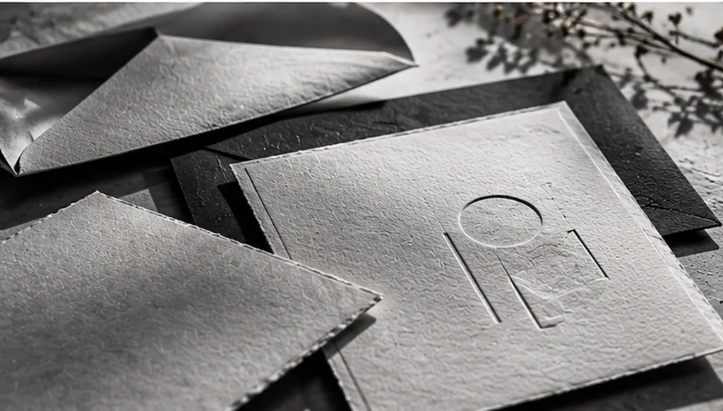 Close-up of embossed white stationery layered over textured black paper
