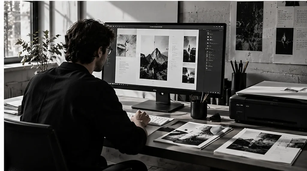 Graphic designer arranging scanned black and white prints on a computer
